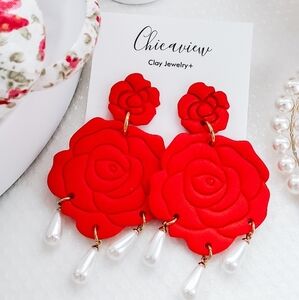 Red Rose Flower Polymer Clay Earrings - Red Statement Earrings